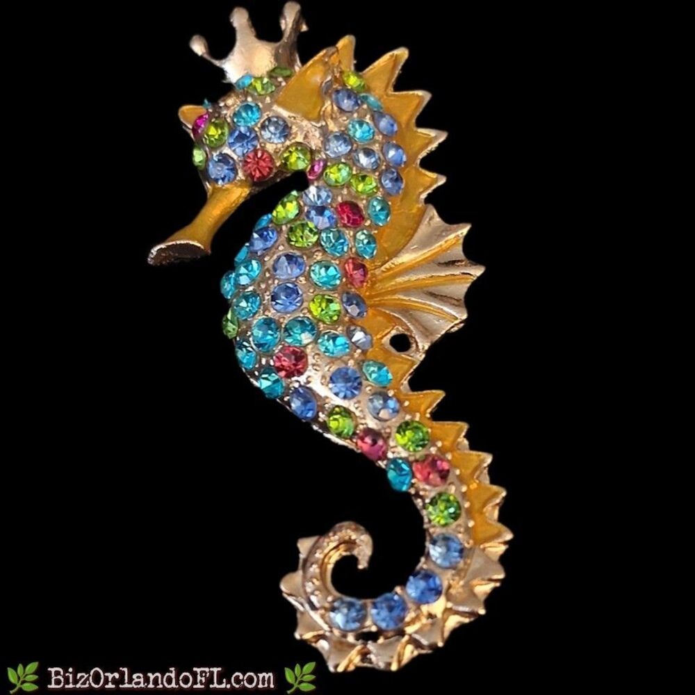 Gold-Tone Rhinestone Crowned Seahorse Brooch Colorful Sea Life Statement Jewelry